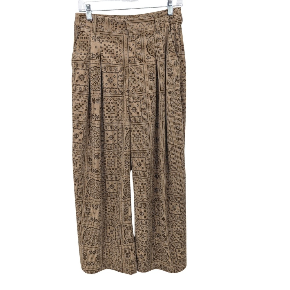 Miss Me Corduroy Wide Leg Pants Women Small Brown Bandana Paisley Boho Pleated